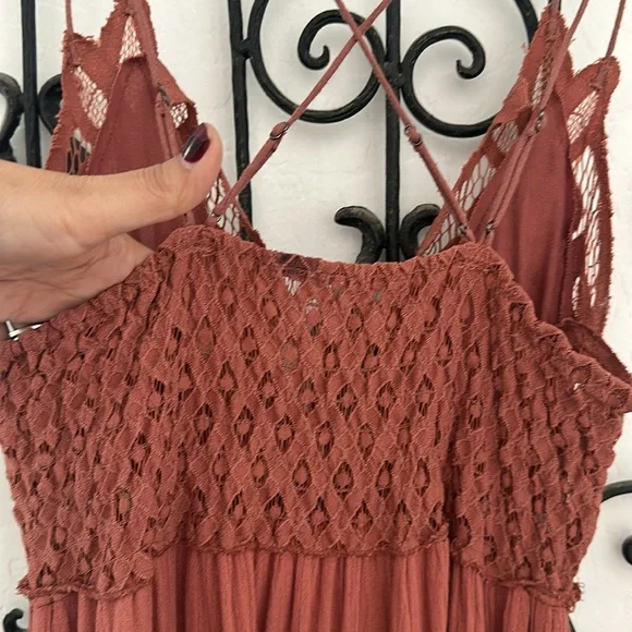 FREE PEOPLE Adella Lace Bralette Crinkle Lined Maxi Dress in Copper Brown Sz S. - Picture 7 of 16